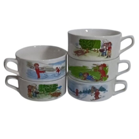 Vintage 80's Nostalgic Kitchen Campbell Soup Kids Soup Bowls w/ Handles Set of 5 - Picture 2 of 8